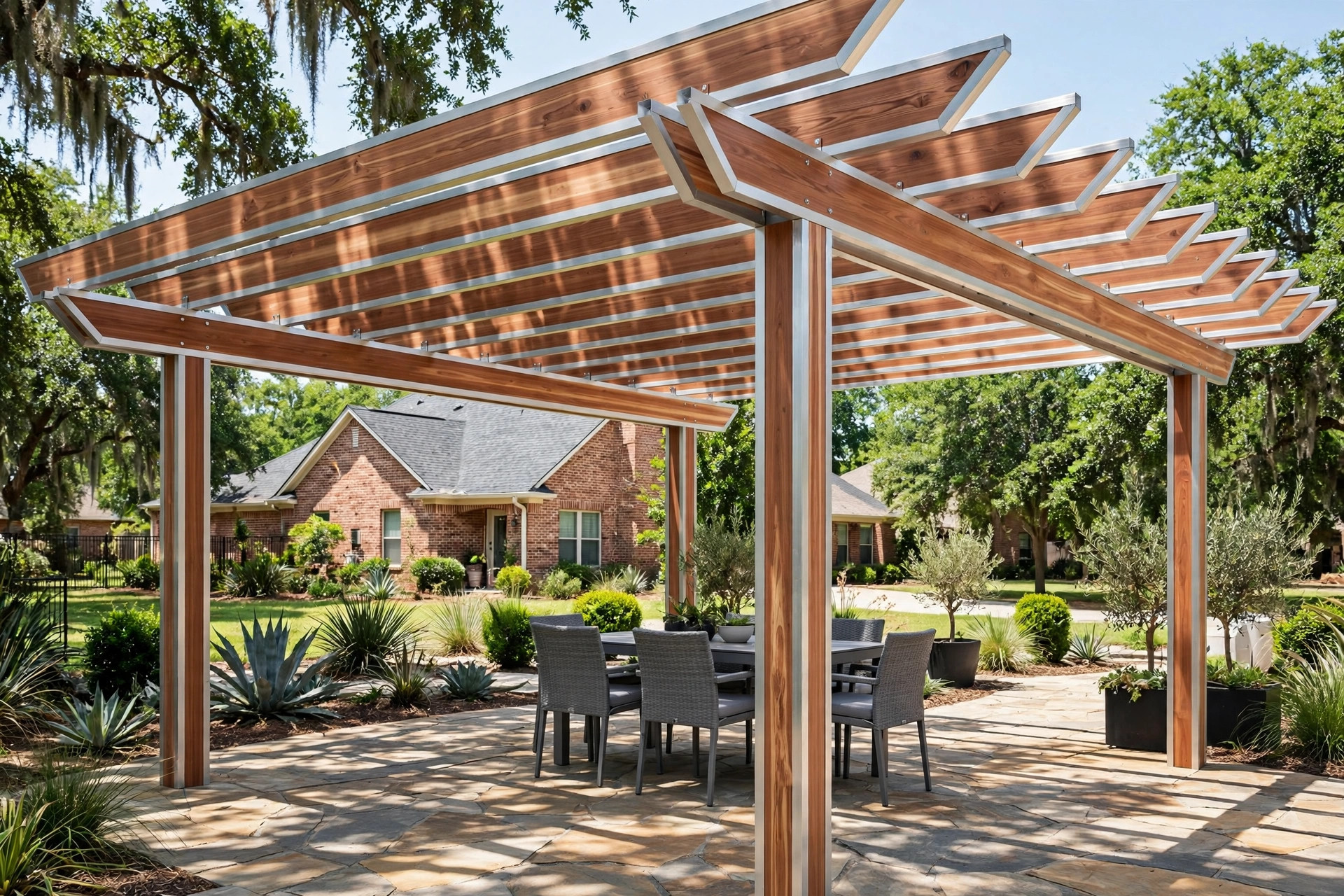 Open-beam aluminum pergola with woodgrain finish over a Texas patio