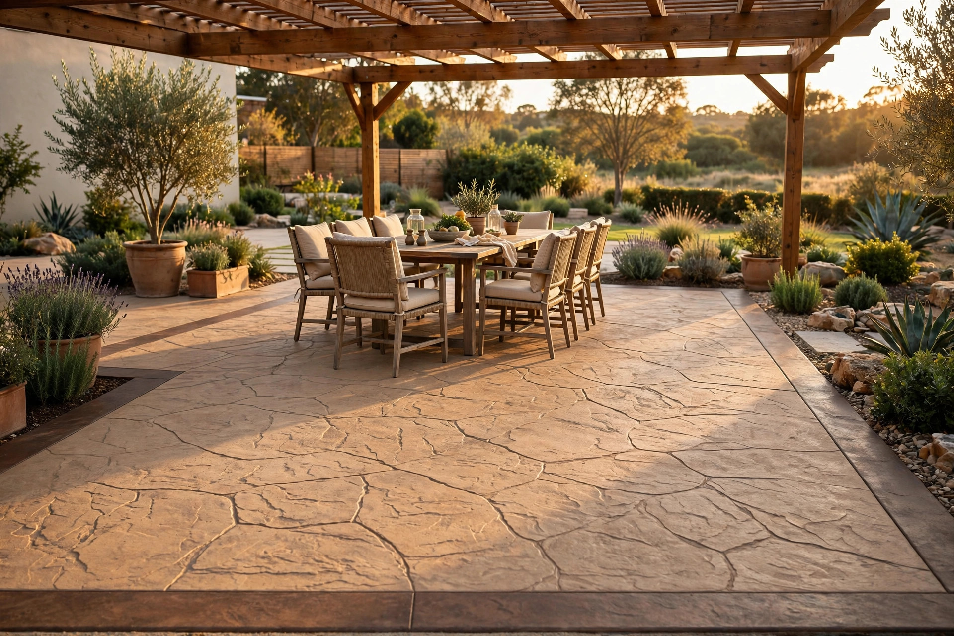 Sandstone stamped concrete patio with stained border under a pergola