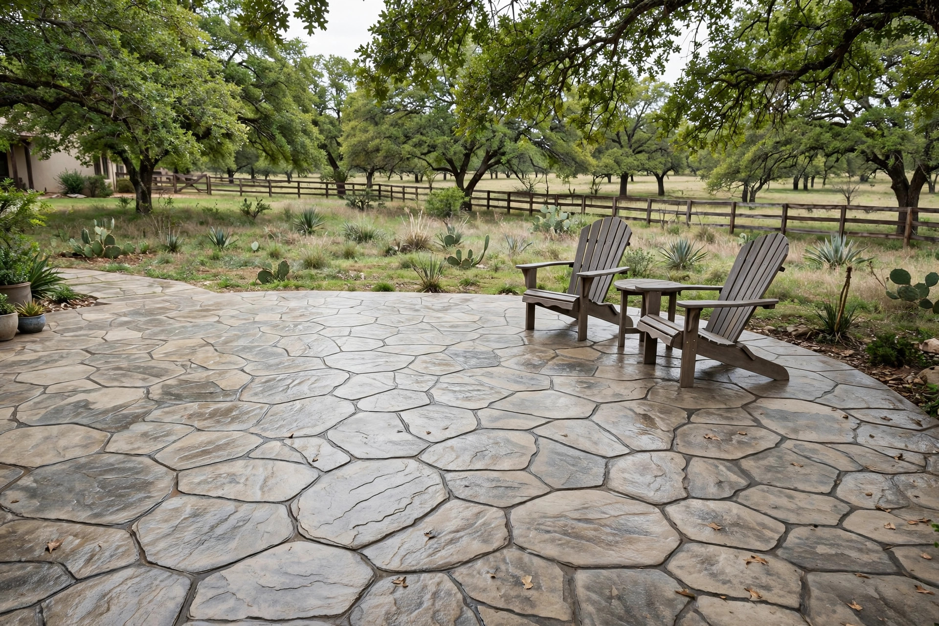 Fieldstone stamped concrete patio with seating