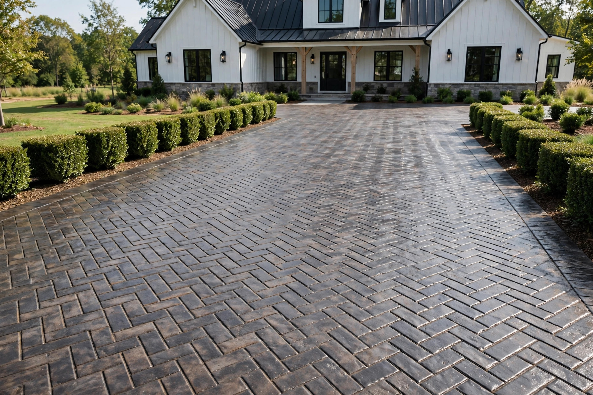 Herringbone brick stamped concrete driveway