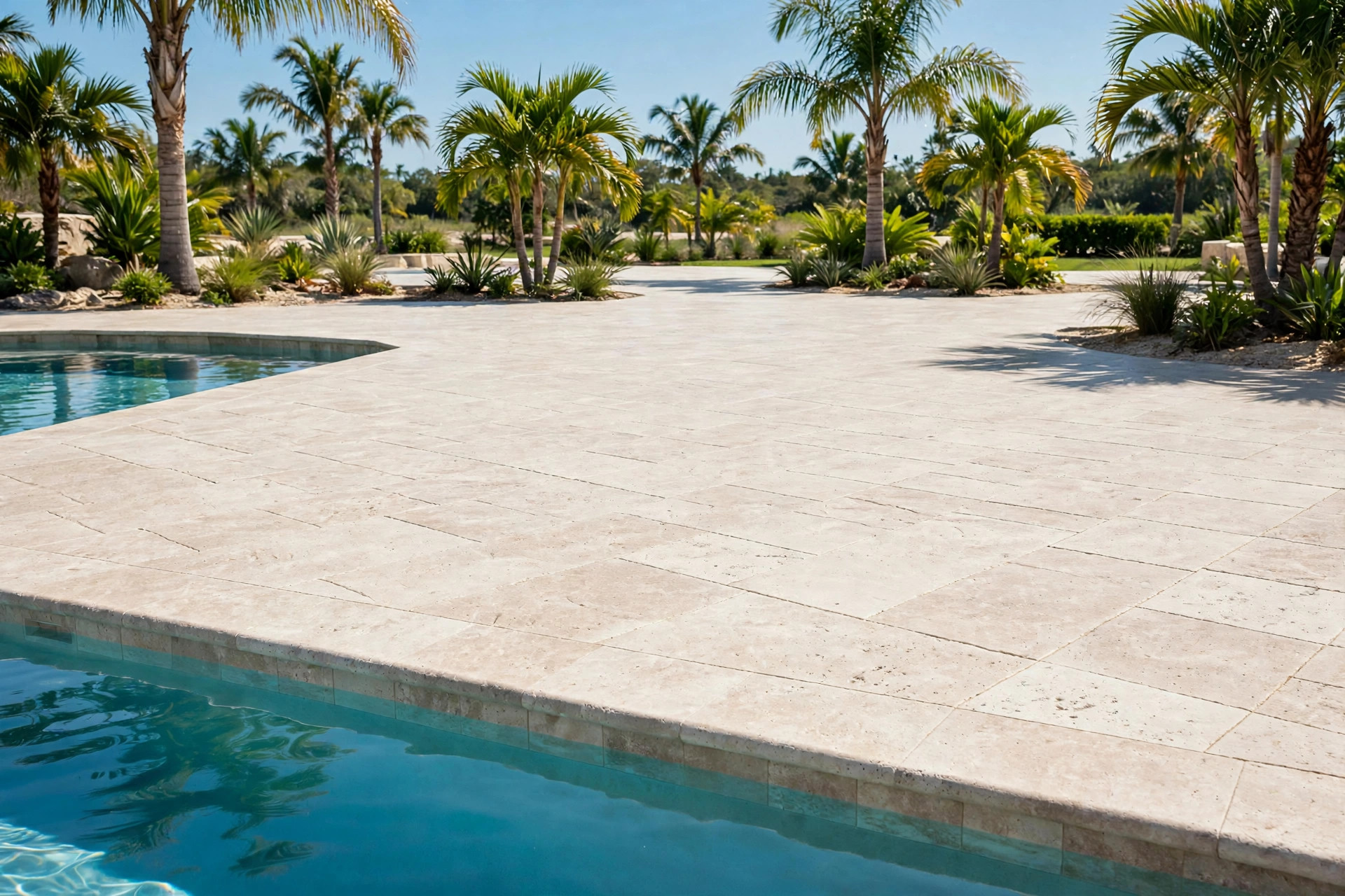 Travertine-look stamped concrete pool surround