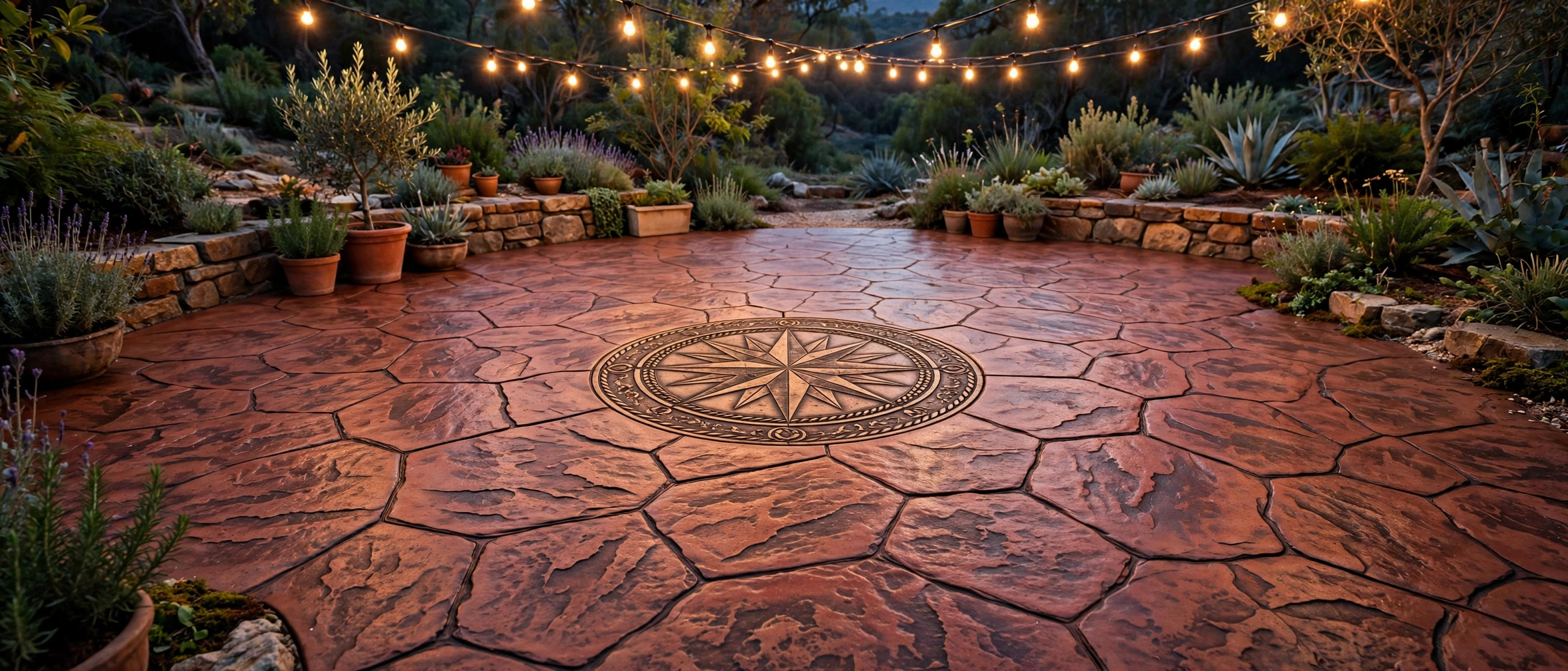 Ashlar slate stamped concrete patio with compass medallion