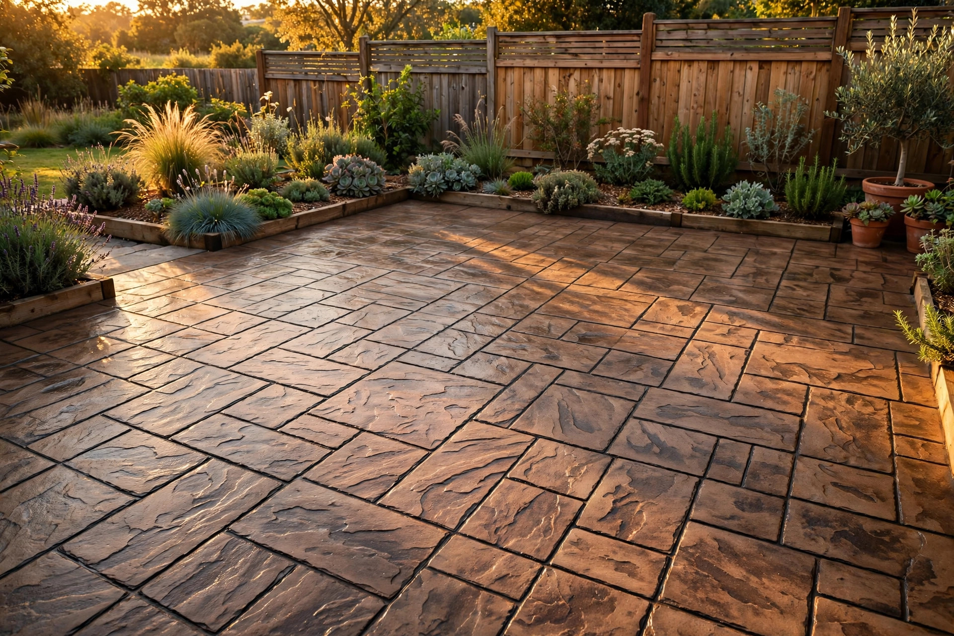 Ashlar slate stamped concrete patio in sienna brown