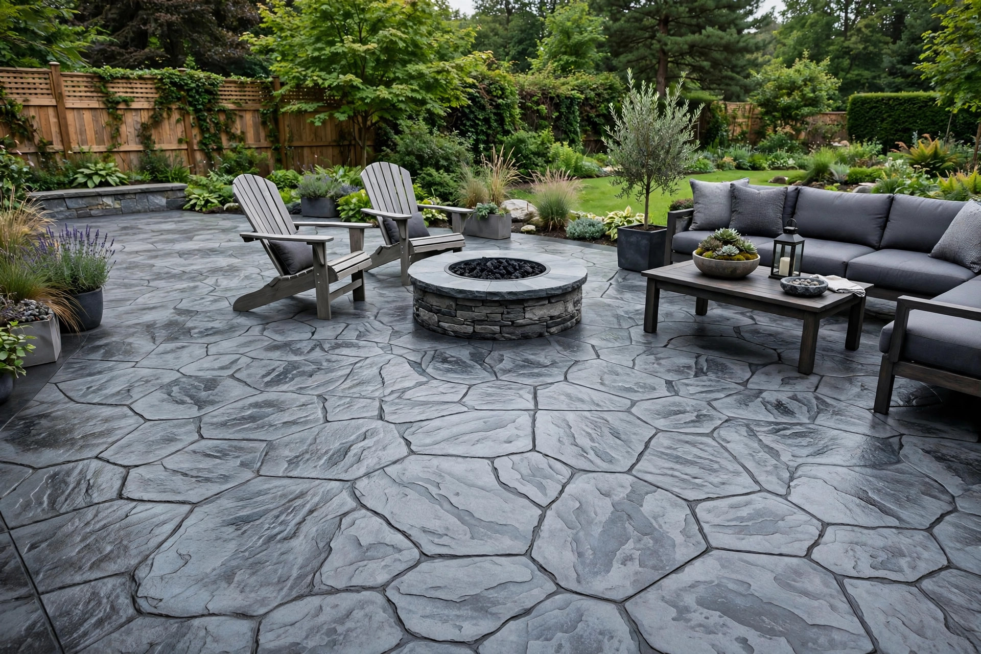 Ashlar slate stamped concrete patio in cool gray