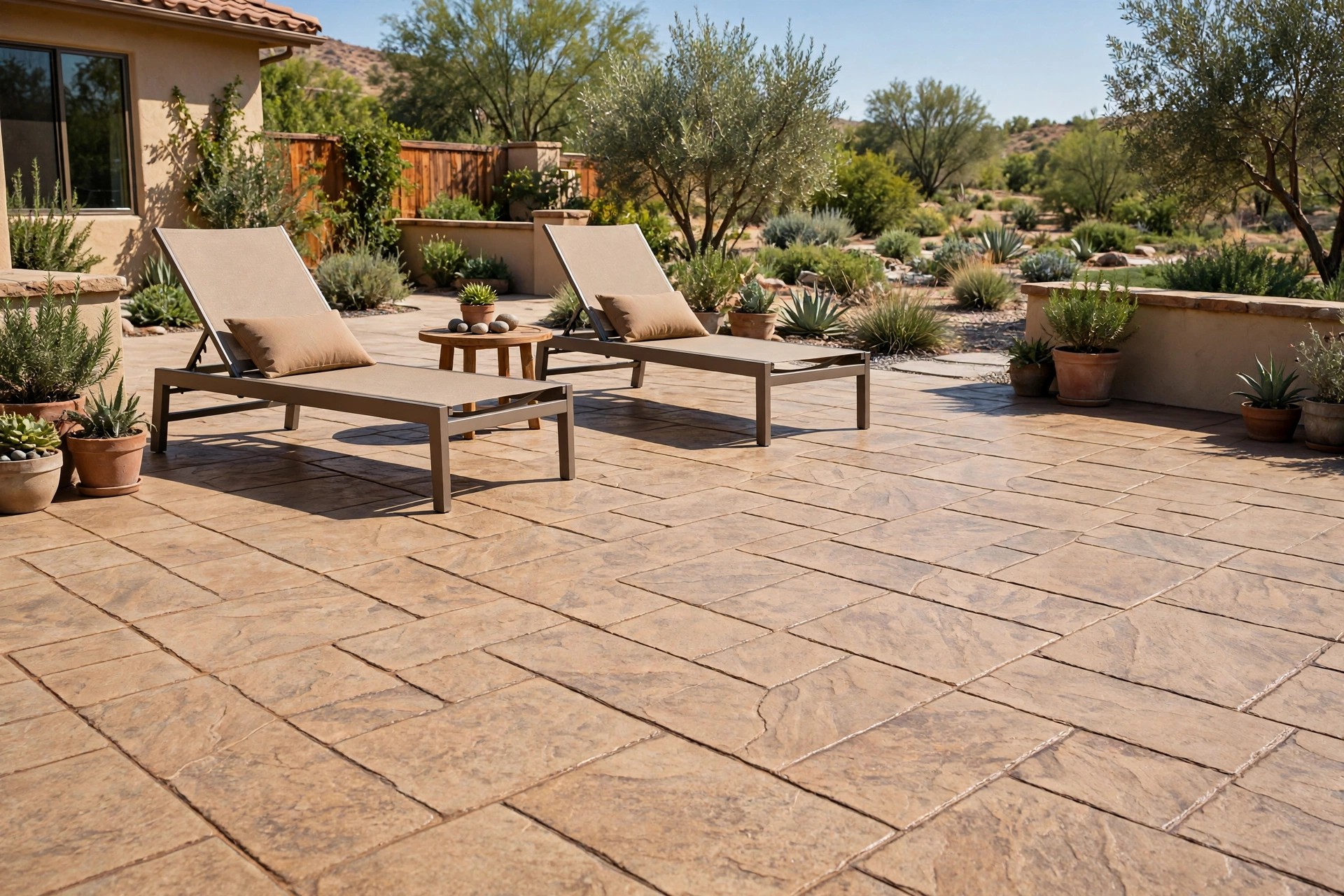 Ashlar slate stamped concrete patio in desert sand