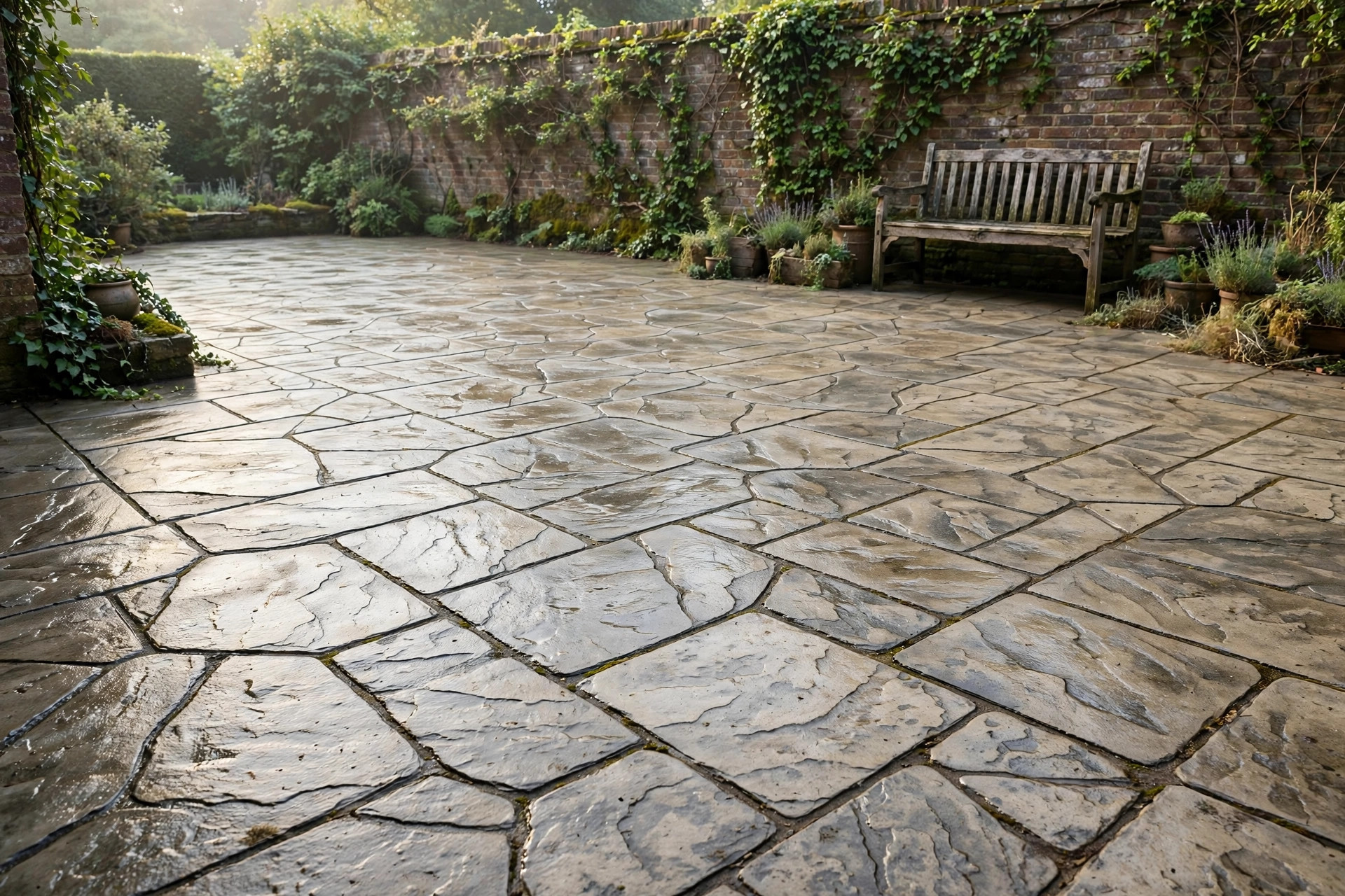 English Yorkstone natural stone stamped concrete courtyard