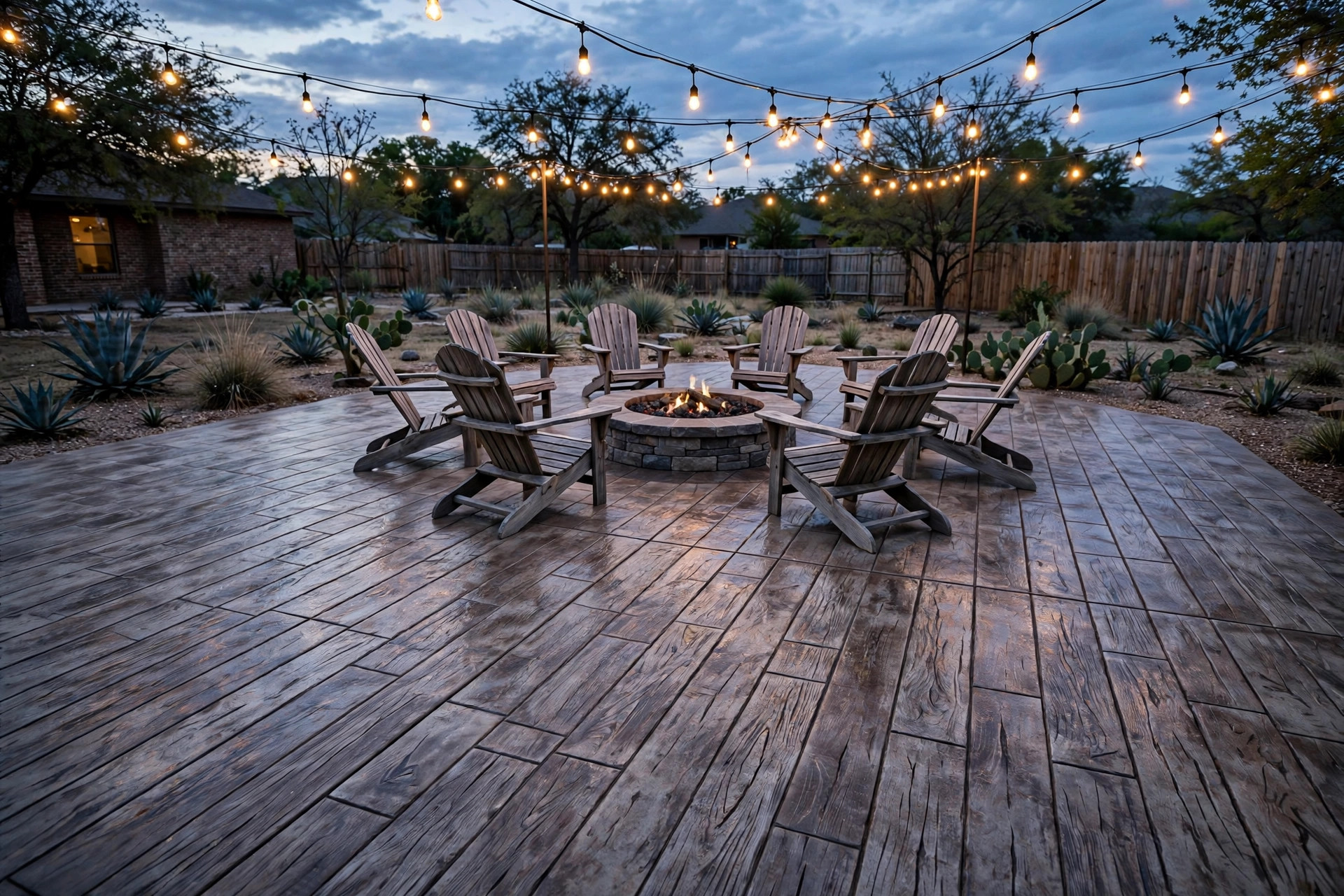 Wood-plank stamped concrete patio with fire pit