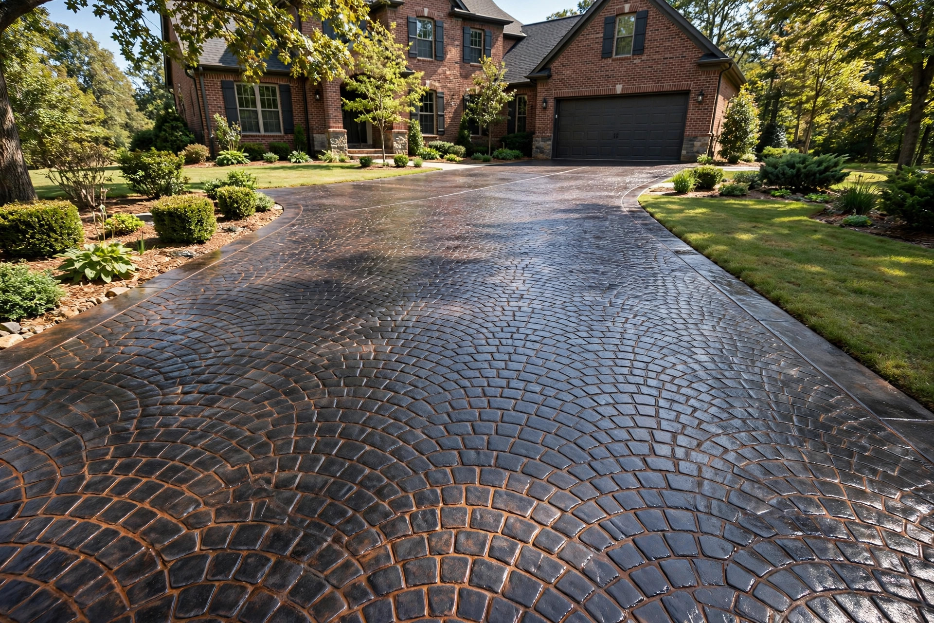 Cobblestone stamped concrete driveway in charcoal
