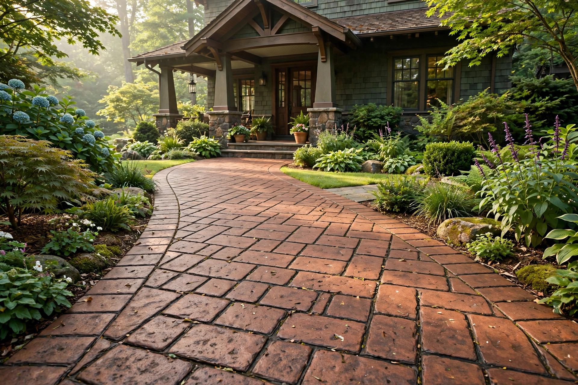 Brick-pattern stamped concrete walkway to a front porch