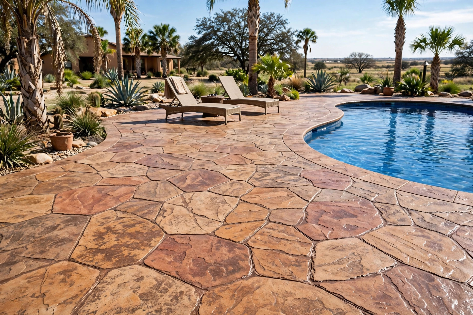 Flagstone stamped concrete pool deck