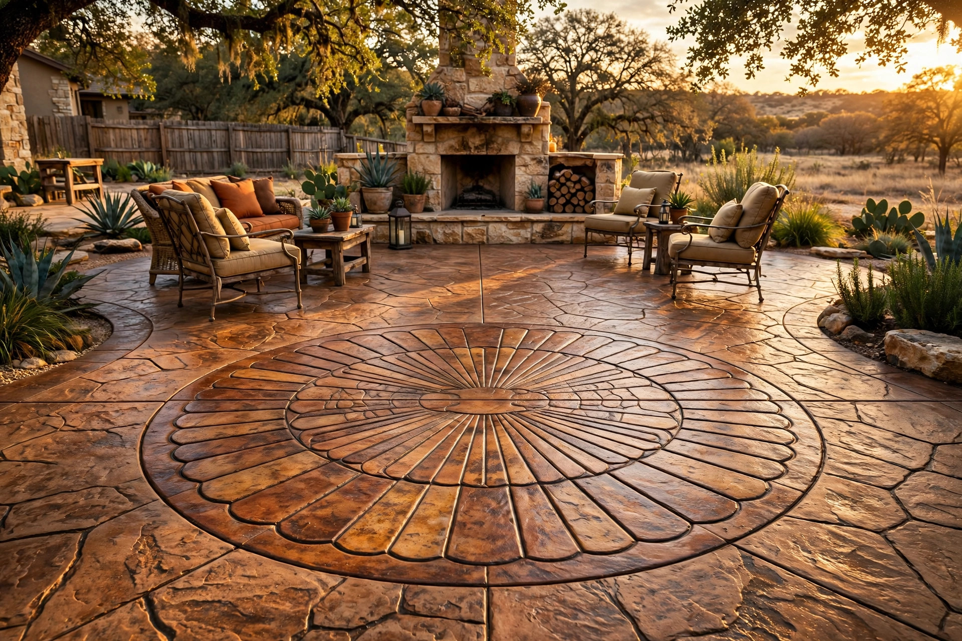 European fan stamped concrete patio with outdoor fireplace