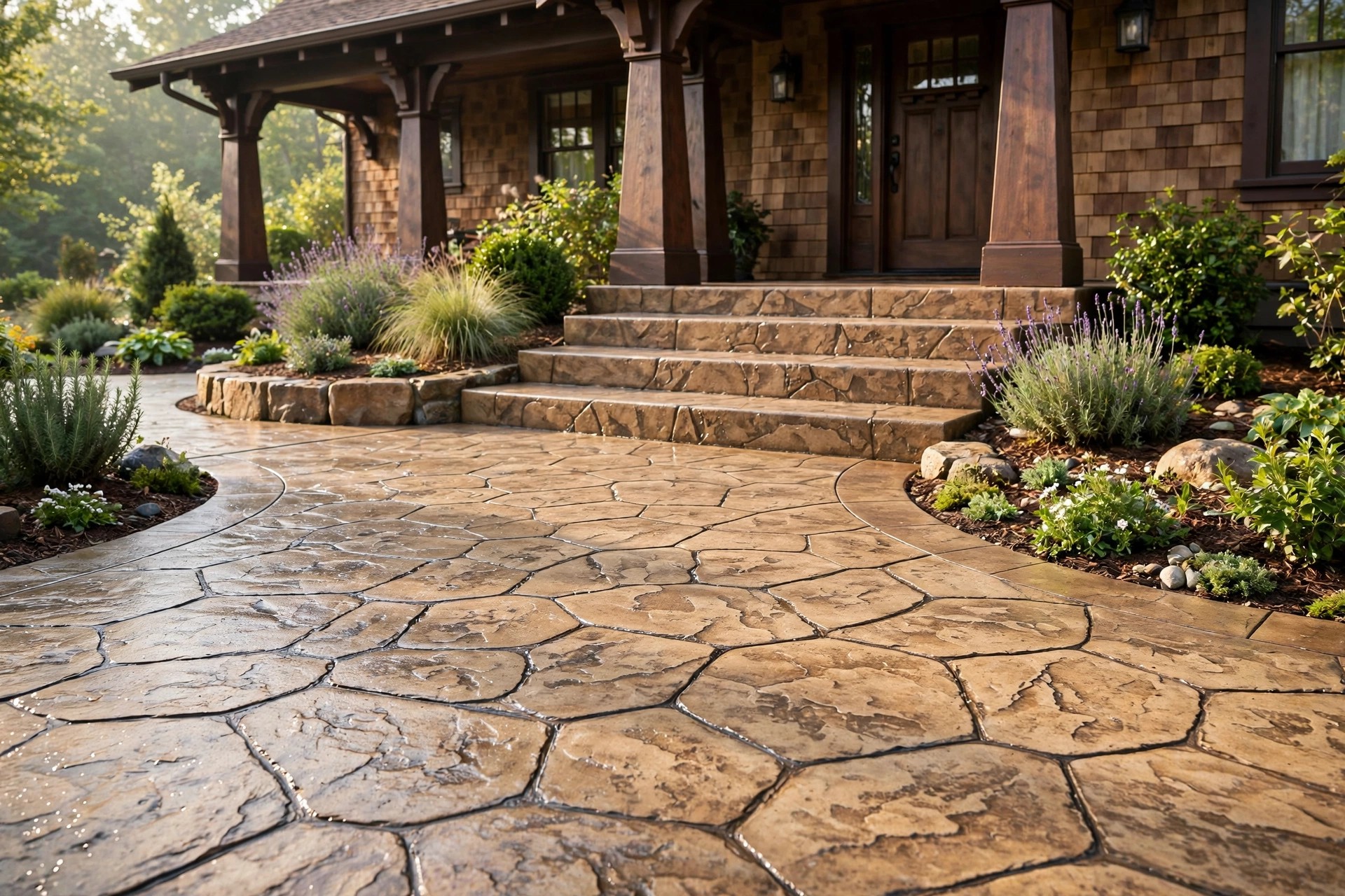 Stamped concrete front steps and walkway in natural stone texture