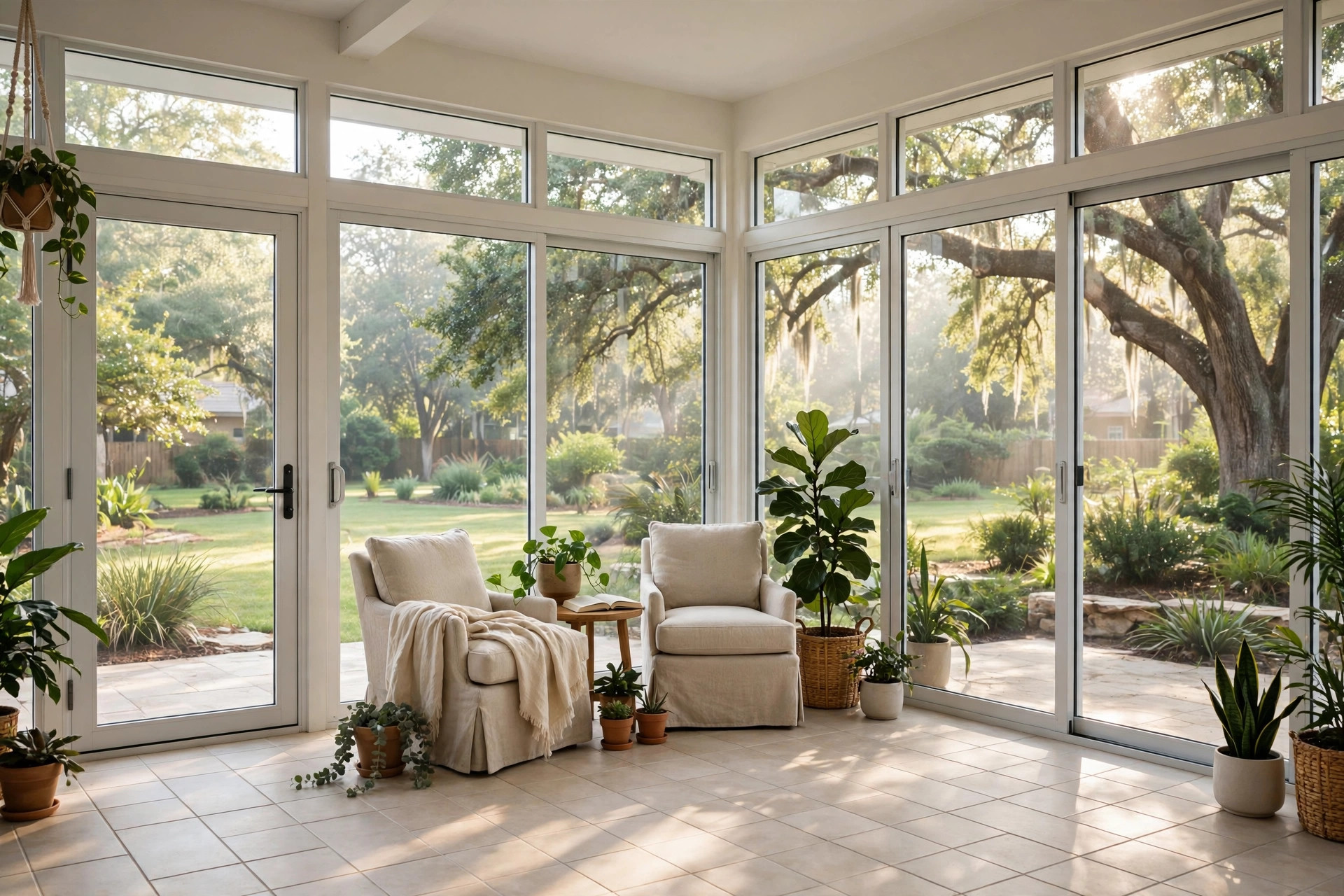 Sunroom with glass sliding walls overlooking the backyard