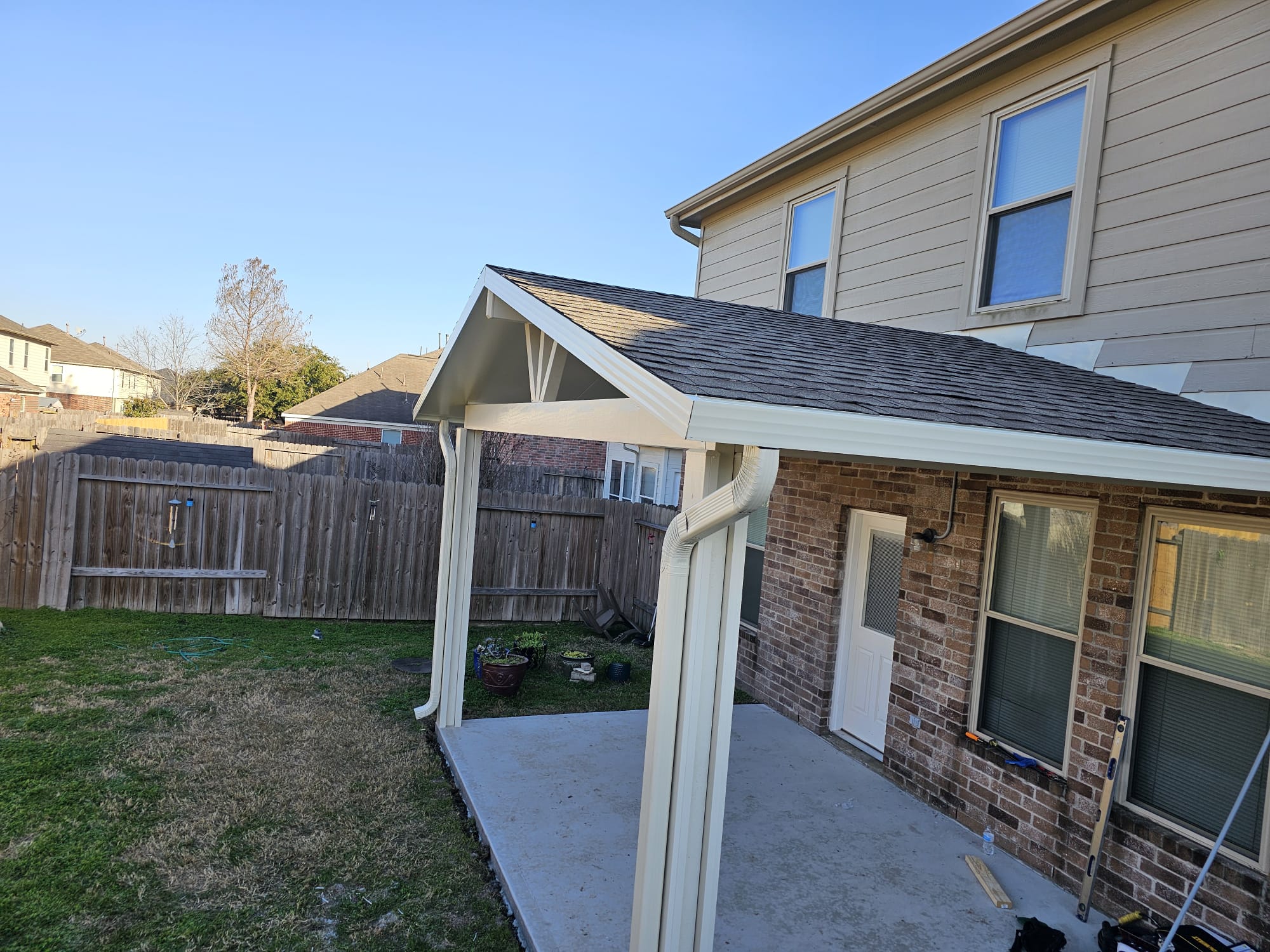 Custom-built wooden gable patio cover